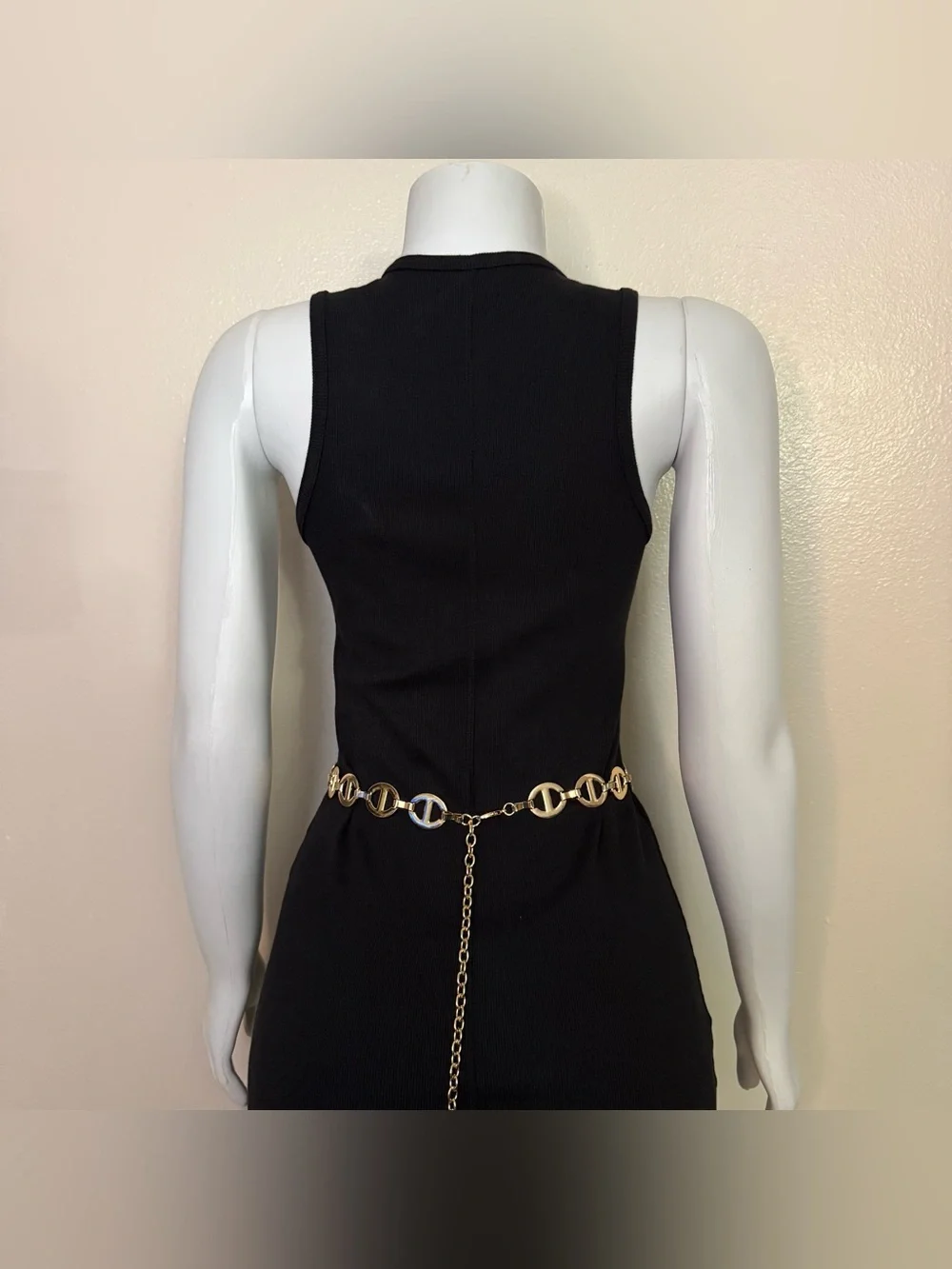 Gold tone metal chain belt with rhinestone details